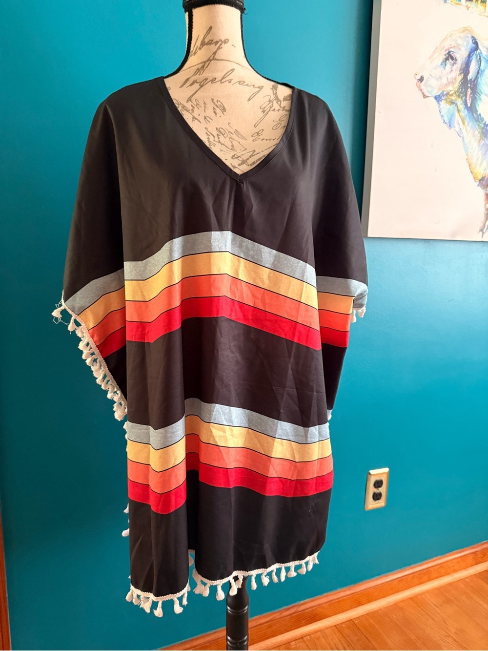 Black Striped Fringe Swim Besch Coverup Tunic with Warm Rainbow Bands